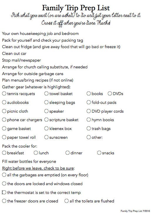 Family Trip Prep List PDF
